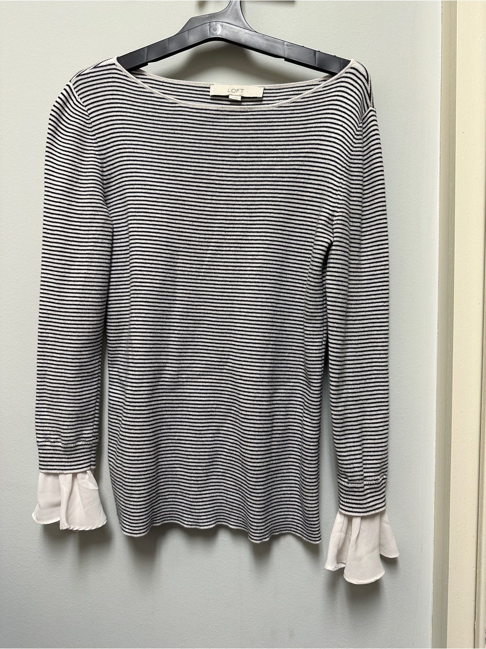 LOFT Black & White Striped Long-Sleeve Top with Ruffle Cuffs